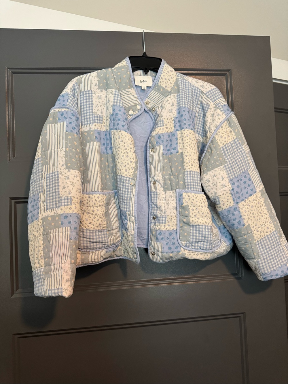 Le Lis Quilted Patchwork Jacket in Pale Blue & Cream Floral